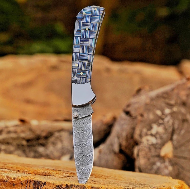 BE BREAK EDGE Damascus Steel Folding EDC Knife with Blue Geometric Pattern Handle, Handcrafted Steel, Tactical Outdoor, use in Camping Hunting and Crafting, Best Gift for Boy Friend. - Image 3